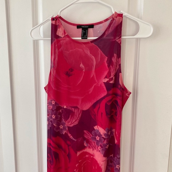 Pink Floral Maxi Dress (M) | sheer, purple, sleeveless, mermaid, flared, barbie - Picture 5 of 10